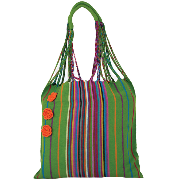 Bolsa Verde Telar con flores de hilaza y colores Chiapas